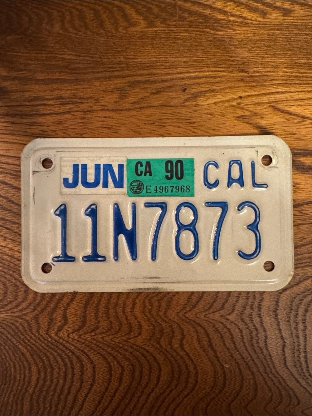 Vintage California Aluminum Motorcycle License Plate - Blue on White